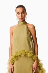 Poppy Cape Gown in Olivie Green with a halter neckline & floral trim detailing clsoe up shot