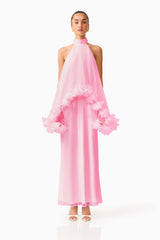 Brunette model wearing the Poppy Cape Gown in Pink front shot 