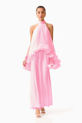 Brunette model wearing the Poppy Cape Gown in Pink posed front shot 