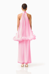 Brunette model wearing the Poppy Cape Gown in Pink back shot 