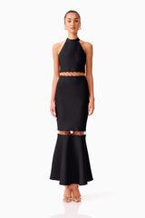 Brunette model wearing the Naomi Halter Gown in Black front shot 