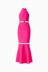 Brunette model wearing the Naomi Halter Gown in Raspberry Pink ghost shot 