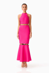 Brunette model wearing the Naomi Halter Gown in Raspberry Pink front shot 
