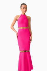 Brunette model wearing the Naomi Halter Gown in Raspberry Pink close up shot 
