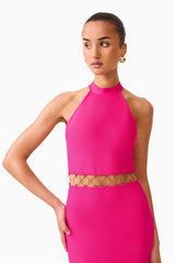 Brunette model wearing the Naomi Halter Gown in Raspberry Pink detail shot 