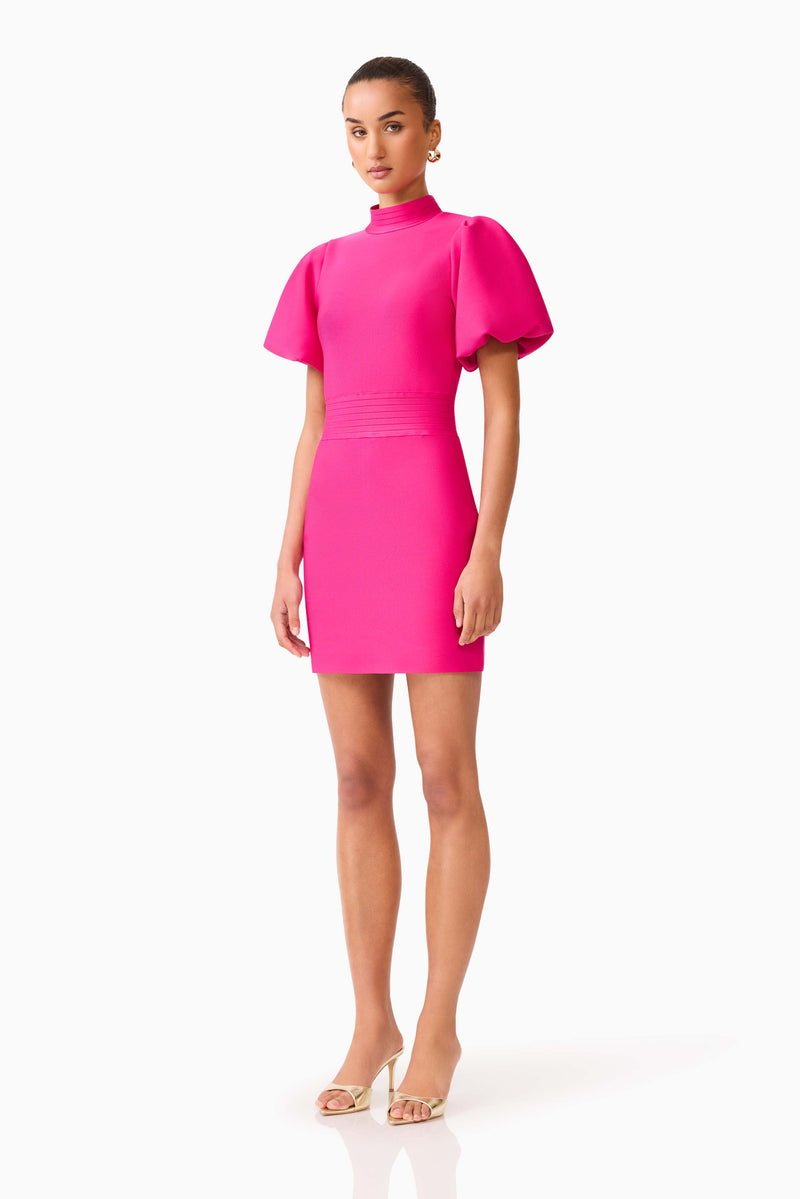 pink mini dress with puff sleeves Naomi Puff Sleeve Mini Dress - Raspberry Pink - XS