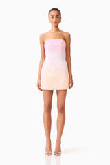 Brunette model wearing the Lumira Sequin Lace Mini Dress in Pink Ombre front shot 