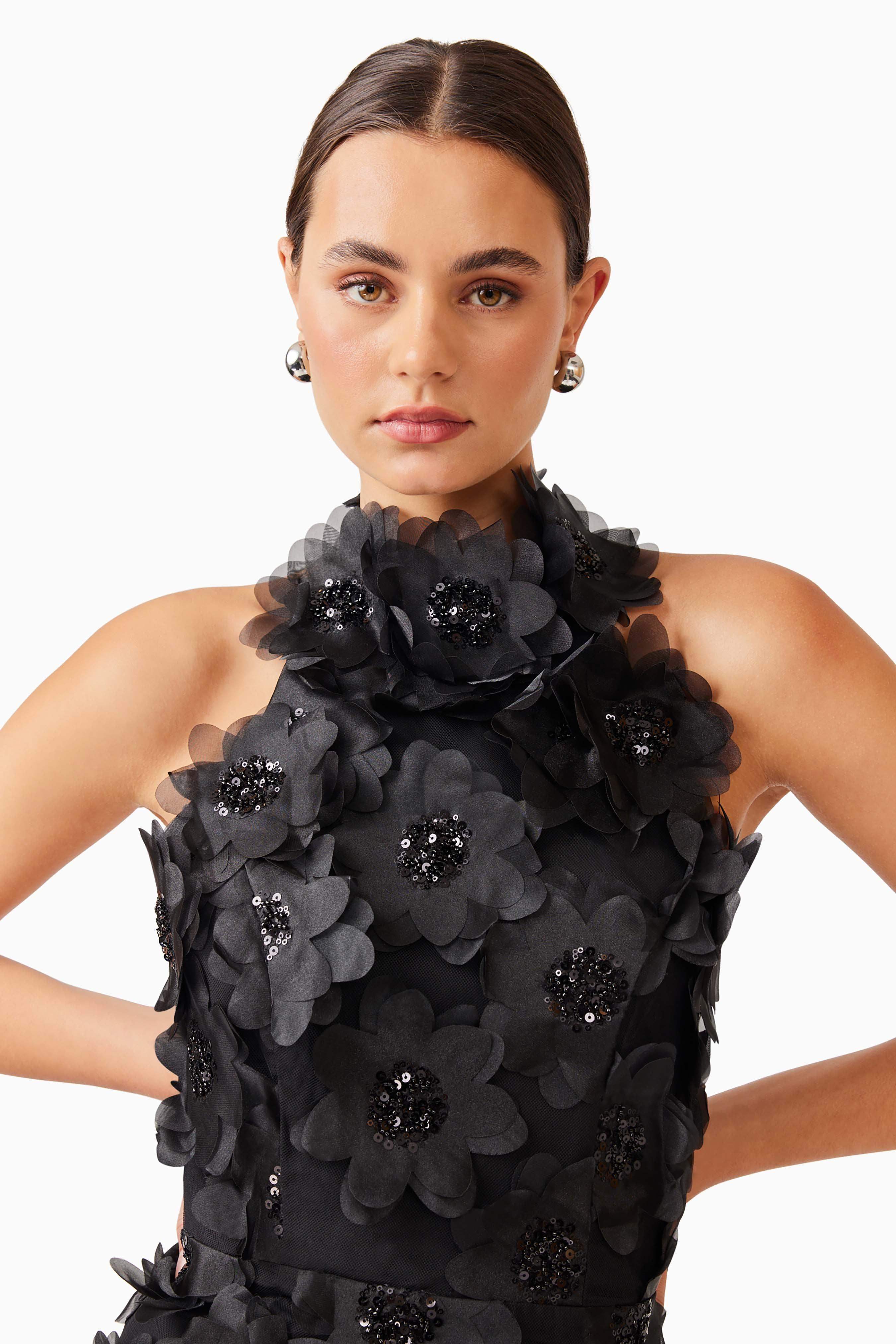 Cherry Blossom Mini Dress in Black 3D Floral Detailing Elliatt