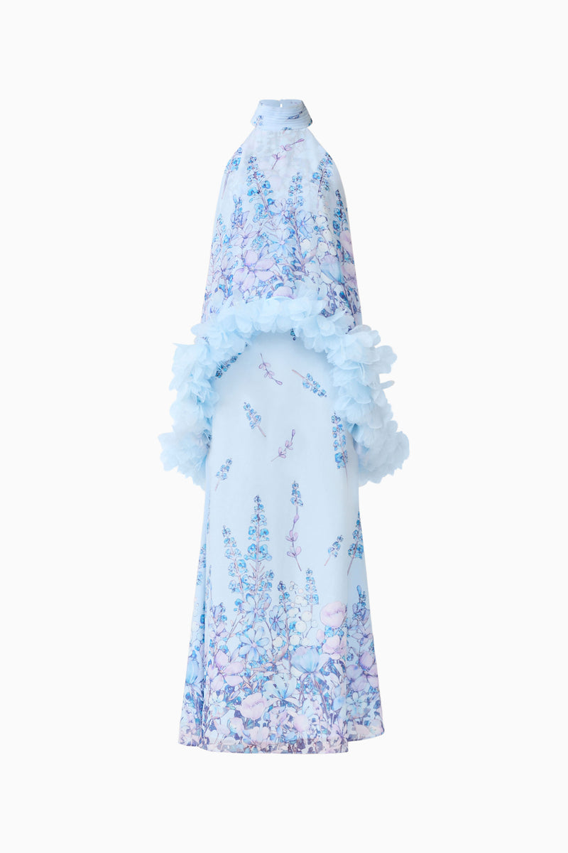 elliatt blue floral dress Tulsia Cape Maxi in Light Tree of life Dress Clarisse Satin Sleeveless Prom Dry clean.Imported.SIZE SIZE:10