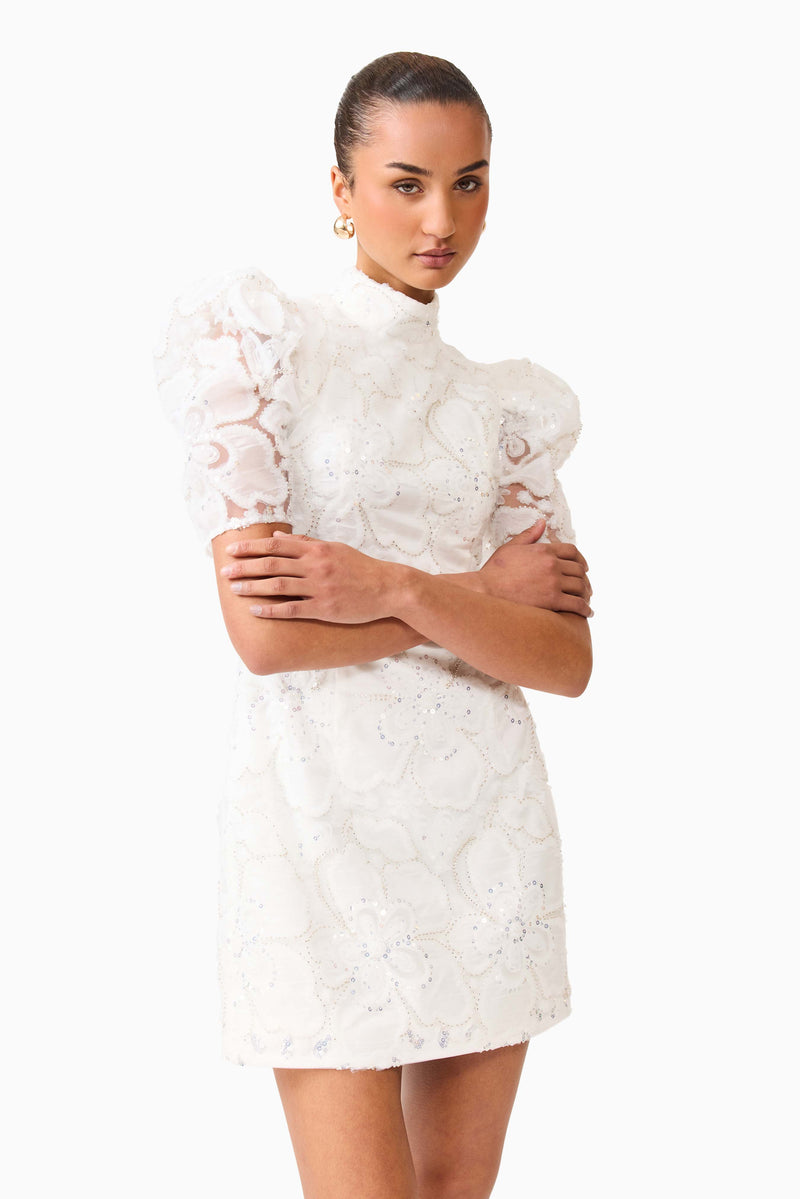 Elowen Floral Applique Mini Dress in White Elowen Floral Applique Mini Dress in White