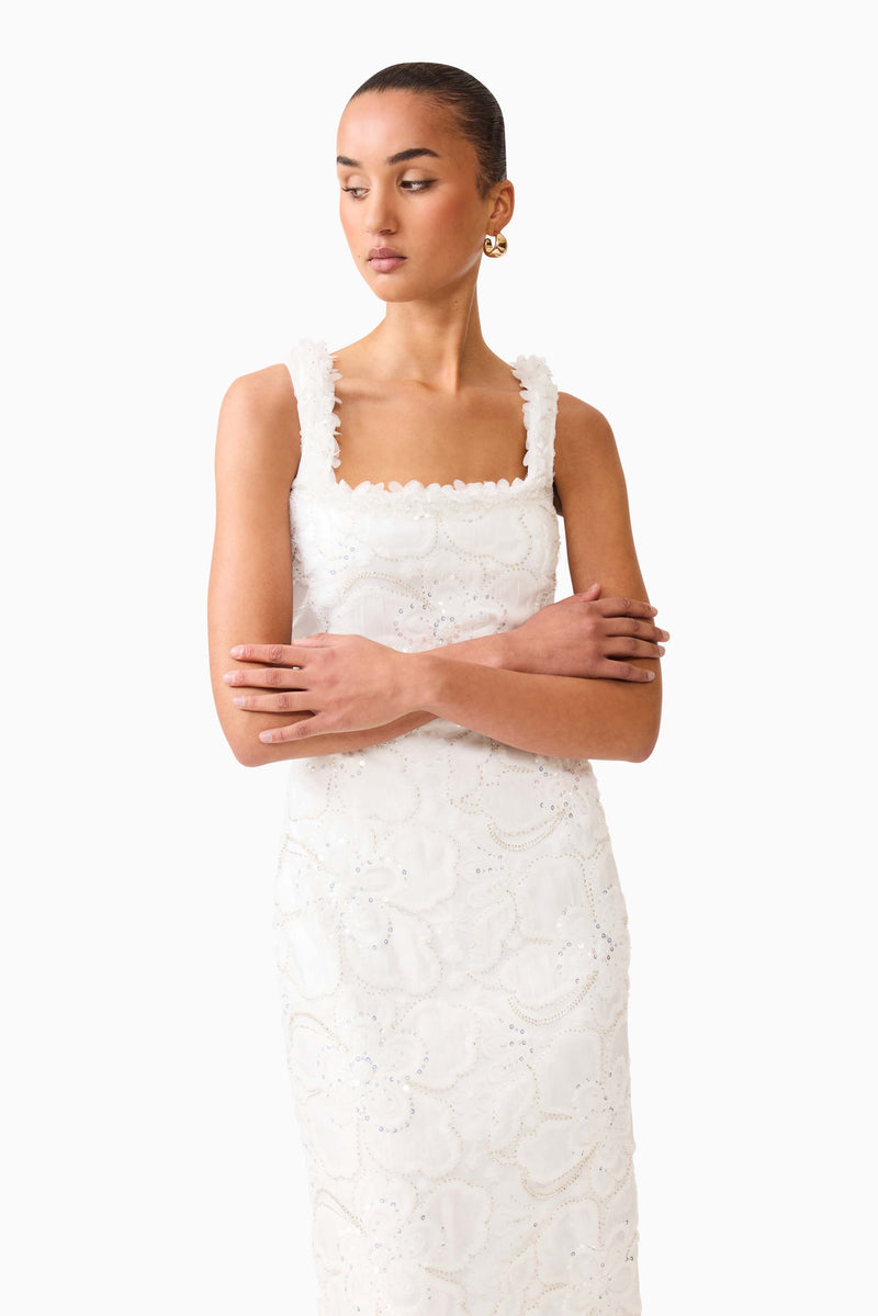 knee length dresses for ladies Elowen Floral Applique Midi Dress in White – Elliatt