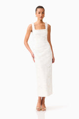 Brunette model wearing the Elowen Floral Applique Midi Dress in White posed shot 