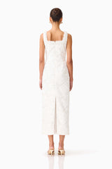 Brunette model wearing the Elowen Floral Applique Midi Dress in White back shot 