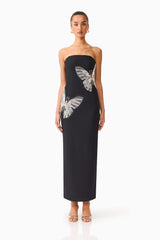 Brunette model wearing the Mira Strapless Gown in Black front shot