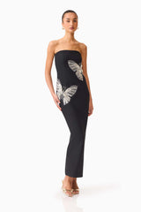 Brunette model wearing the Mira Strapless Gown in Black posed shot