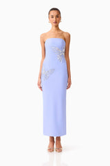 Brunette model wearing the Mira Strapless Gown in Blue front shot