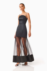 Brunette model wearing the Marcella Strapless Gown in Black posed shot