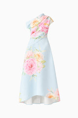 Harper Asymmetrical Gown in Baby Blue Floral ghost shot