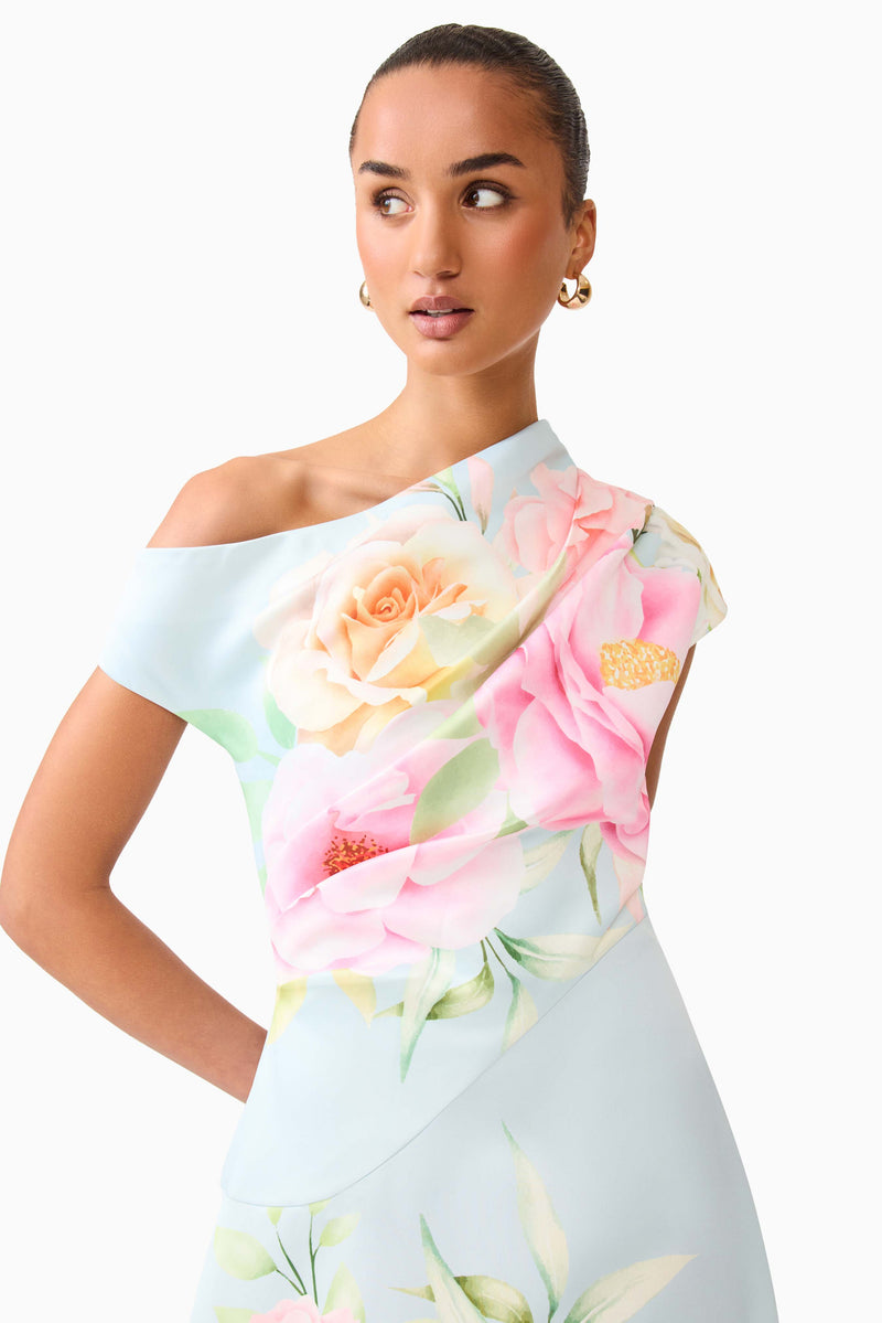 bebe asymmetric dress Harper Asymmetrical Gown in Baby Blue Floral – Elliatt