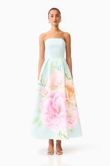 Brunette model wearing the Harper Strapless Gown in Baby Blue Floral front shot 