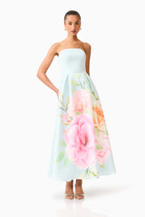 Brunette model wearing the Harper Strapless Gown in Baby Blue Floral posed shot 
