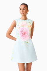 Brunette model wearing the Harper Shift Mini Dress in Baby Blue Floral close up posed shot 