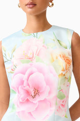 Brunette model wearing the Harper Shift Mini Dress in Baby Blue Floral detail shot 