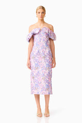 Blonde model wearing the Marlene Strapless Midi Dress in Pink & Purple Floral front shot