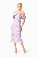 Blonde model wearing the Marlene Strapless Midi Dress in Pink & Purple Floral posed shot