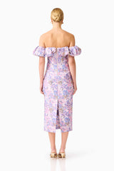 Blonde model wearing the Marlene Strapless Midi Dress in Pink & Purple Floral back shot