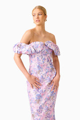 Blonde model wearing the Marlene Strapless Midi Dress in Pink & Purple Floral close up looking away shot