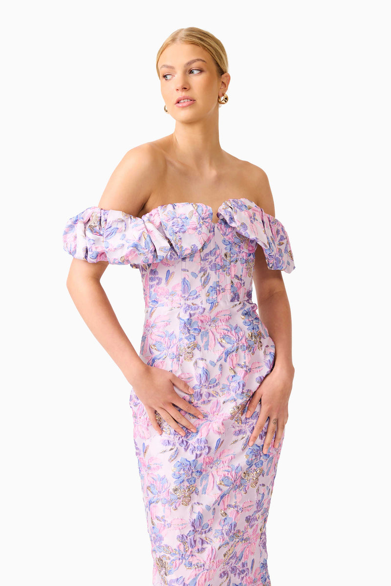 pink and purple floral dress Marlene Strapless Midi Dress in Pink & Purple Floral – Elliatt