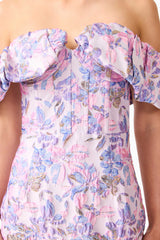 Blonde model wearing the Marlene Strapless Midi Dress in Pink & Purple Floral detail shot