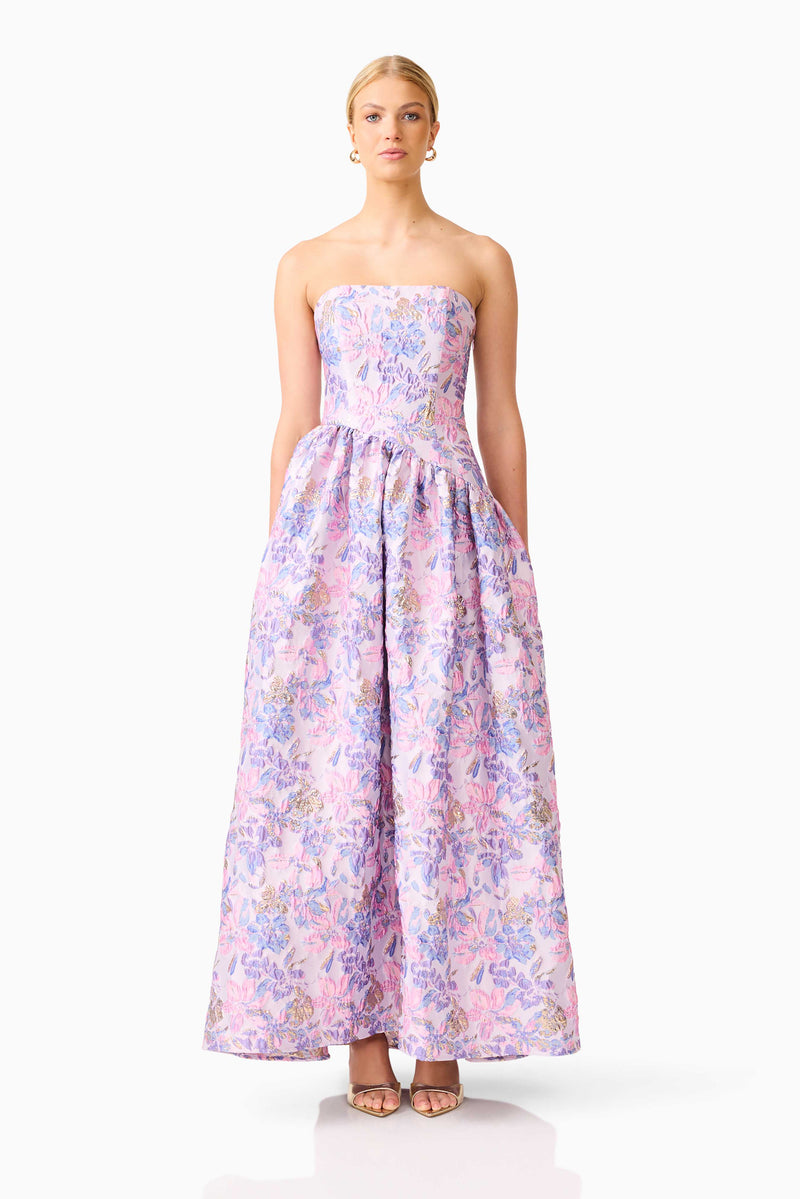 marlene tiered maxi dress Marlene Asymmetrical Gown in Pink & Purple Floral