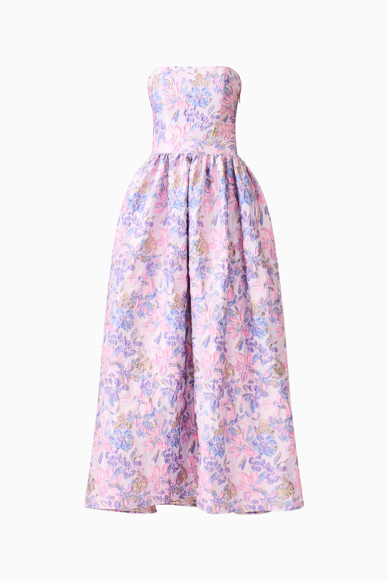 Marlene Asymmetrical Gown in Pink & Purple Floral | Jacquard Fabrication   Elliatt
