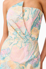 Brunette model wearing the Tahliah Strapless Mini Dress in Blue Multi detail shot 