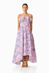 Laurel Sleeveless Maxi Dress in Pink & Purple Floral with ruffle bust detailing front shot