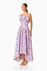 Laurel Sleeveless Maxi Dress in Pink & Purple Floral with ruffle bust detailing side shot