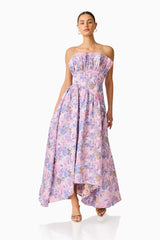 Laurel Sleeveless Maxi Dress in Pink & Purple Floral with ruffle bust detailing posed shot
