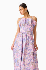 Laurel Sleeveless Maxi Dress in Pink & Purple Floral with ruffle bust detailing and spaghetti straps detail shot