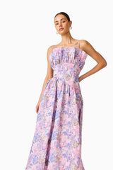 Laurel Sleeveless Maxi Dress in Pink & Purple Floral with ruffle bust detailing close up shot