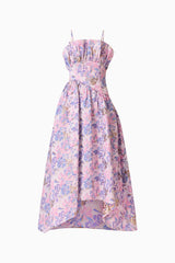Laurel Sleeveless Maxi Dress in Pink & Purple Floral with ruffle bust detailing ghost shot