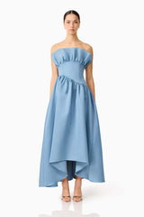 Brunette model wearing the Laurel Sleeveless Maxi Dress in Steel Blue front shot 