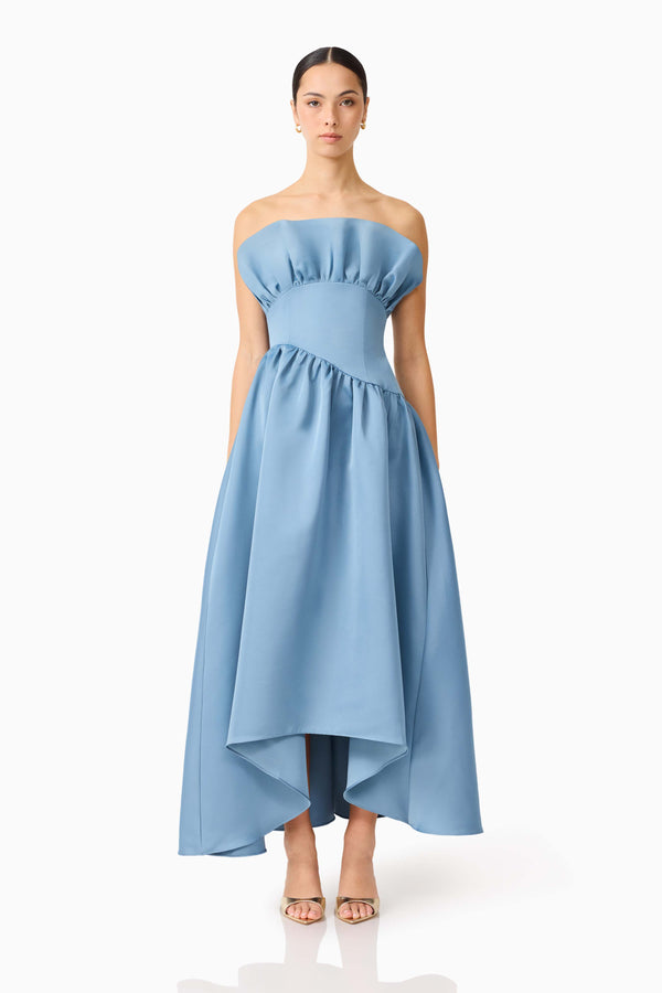 Brunette model wearing the Laurel Sleeveless Maxi Dress in Steel Blue front shot 