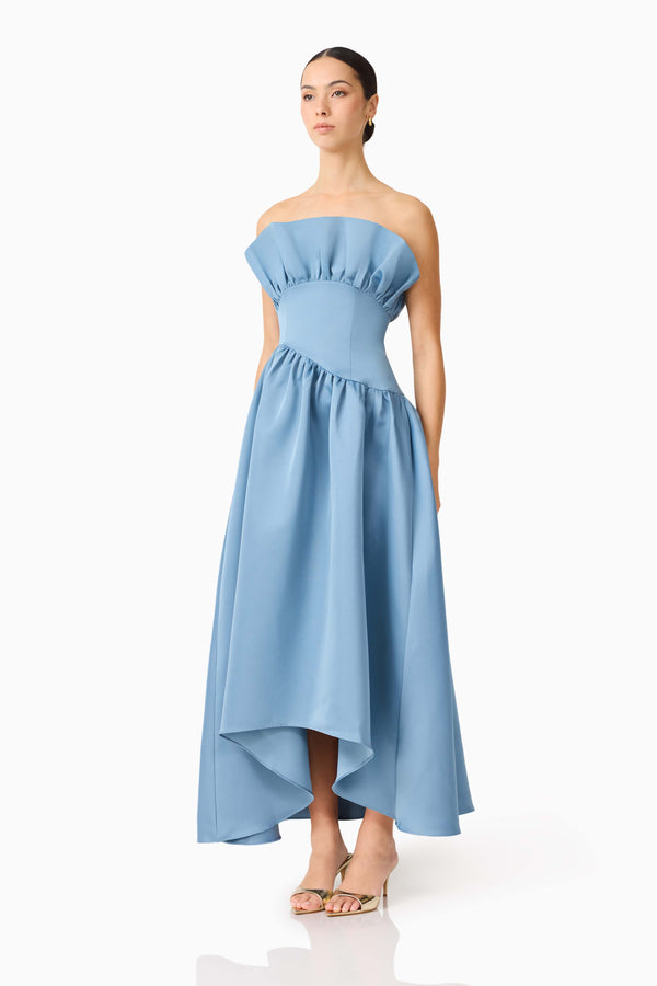 Brunette model wearing the Laurel Sleeveless Maxi Dress in Steel Blue side shot 