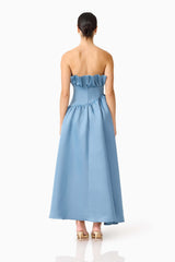 Brunette model wearing the Laurel Sleeveless Maxi Dress in Steel Blue back shot 