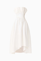Brunette model wearing the Laurel Sleeveless Maxi Dress In White ghost shot 