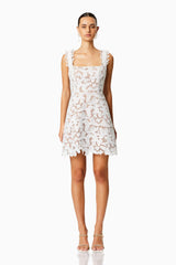 Brunette model wearing PINE LACE MINI DRESS in WHITE front shot