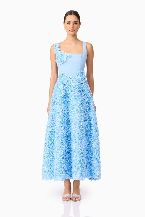 Brunette model wearing Kaia Floral Maxi Dress in Blue front shot