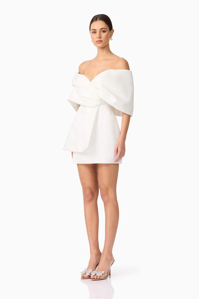 Dandelione Off The Shoulder Mini Dress in White | Draped Shawl Design Elliatt Dandelione Off The Shoulder Mini Dress in White | Draped Shawl Design Elliatt